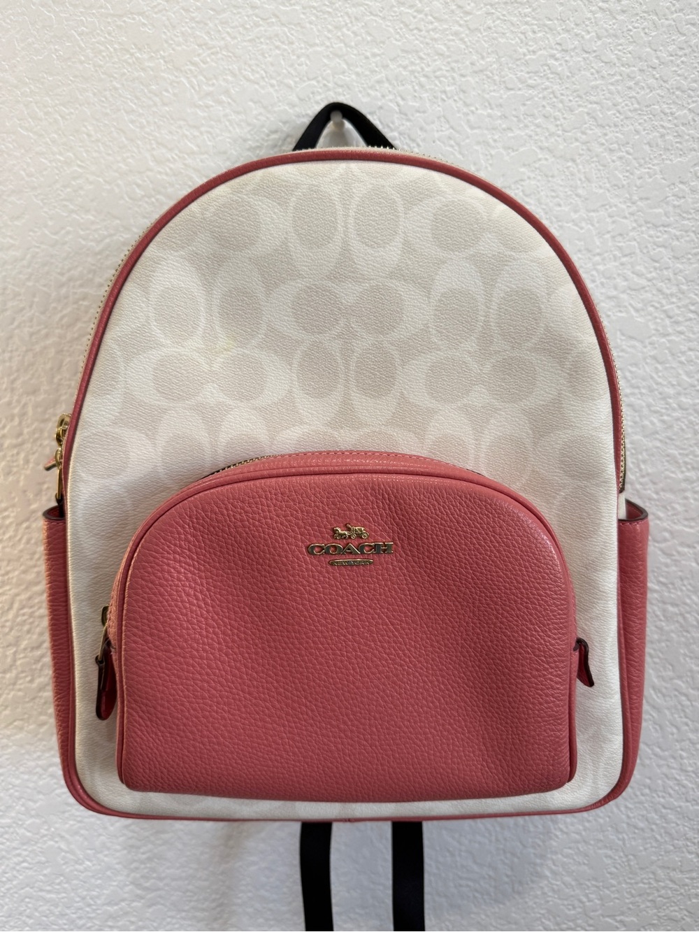 Coach White Signature Canvas Backpack with Pink Pocket and Trim